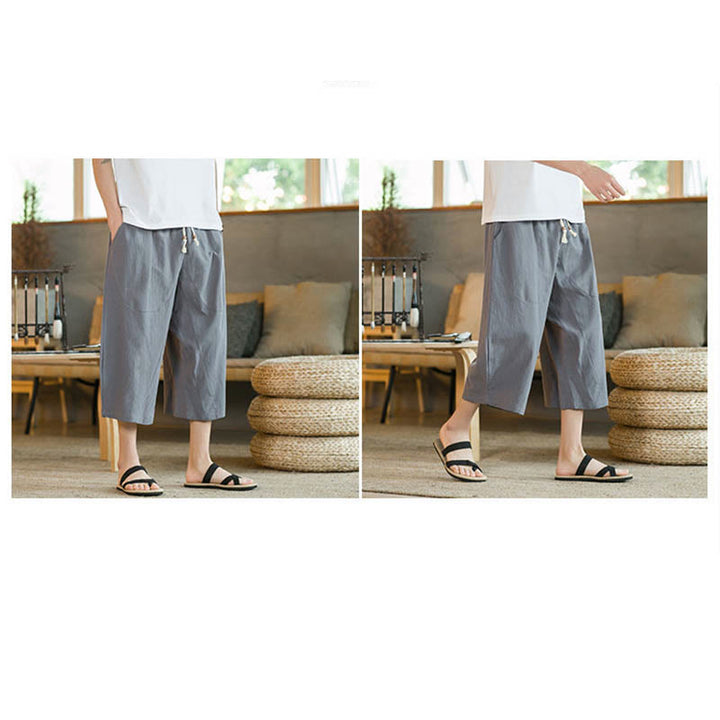 Buddha Stones Pantalones anchos de longitud media de color sólido Pantalones anchos de algodón para hombres con bolsillos - image 48