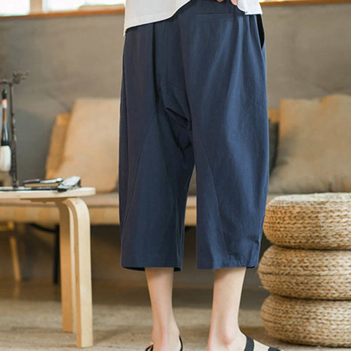 Buddha Stones Pantalones anchos de longitud media de color sólido Pantalones anchos de algodón para hombres con bolsillos - image 23
