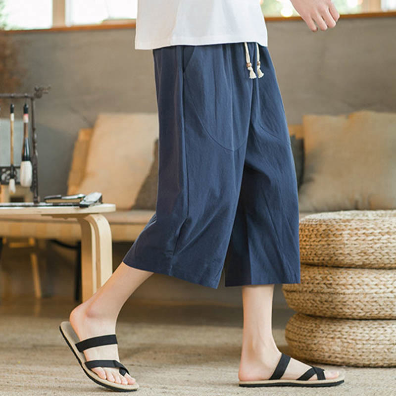 Buddha Stones Pantalones anchos de longitud media de color sólido Pantalones anchos de algodón para hombres con bolsillos - image 25