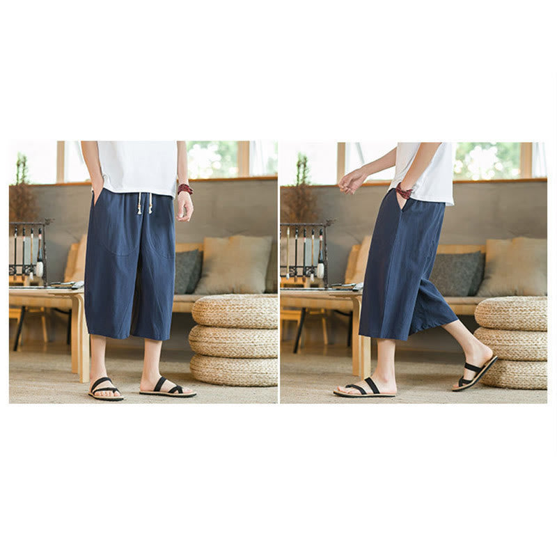 Buddha Stones Pantalones anchos de longitud media de color sólido Pantalones anchos de algodón para hombres con bolsillos - image 29