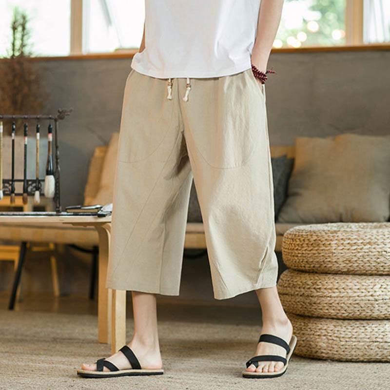 Buddha Stones Pantalones anchos de longitud media de color sólido Pantalones anchos de algodón para hombres con bolsillos - image 17