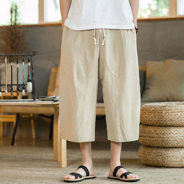 Buddha Stones Pantalones anchos de longitud media de color sólido Pantalones anchos de algodón para hombres con bolsillos - image 18