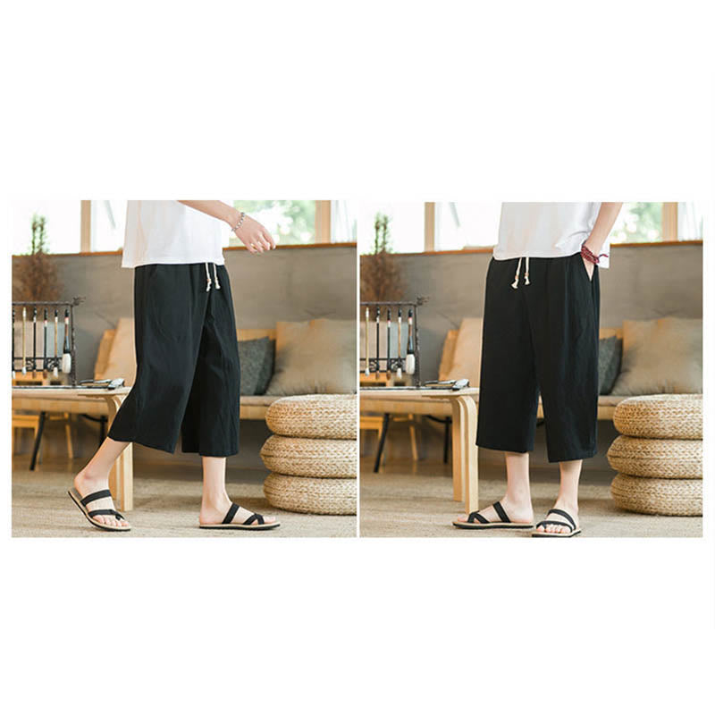 Buddha Stones Pantalones anchos de longitud media de color sólido Pantalones anchos de algodón para hombres con bolsillos - image 11