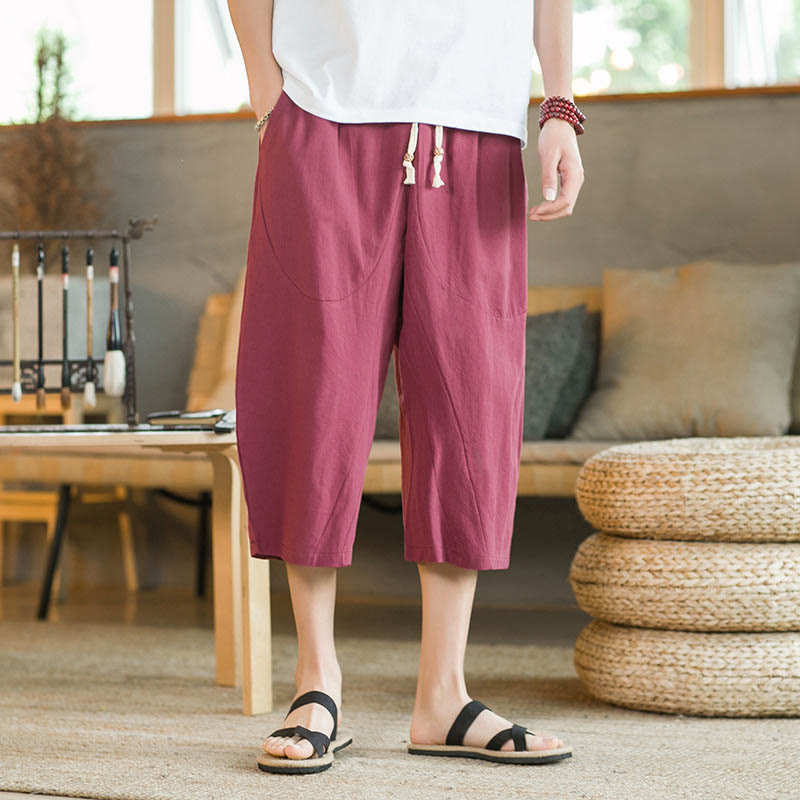 Buddha Stones Pantalones anchos de longitud media de color sólido Pantalones anchos de algodón para hombres con bolsillos - image 33