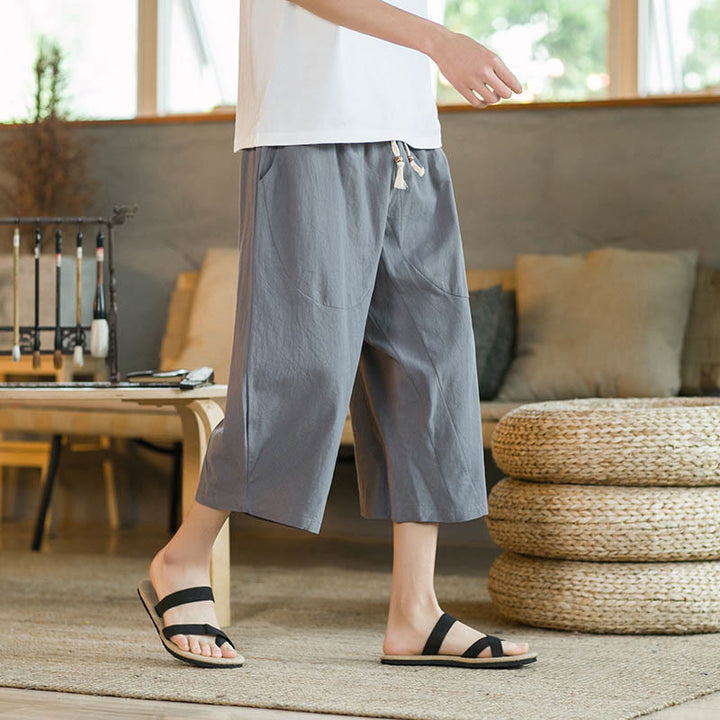 Buddha Stones Pantalones anchos de longitud media de color sólido Pantalones anchos de algodón para hombres con bolsillos - Gris - US/UK/AU46, EU56 (5XL)  - image 40