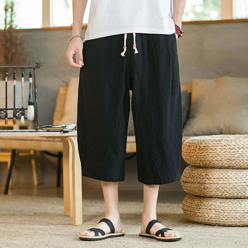 Buddha Stones Pantalones anchos de longitud media de color sólido Pantalones anchos de algodón para hombres con bolsillos - image 1