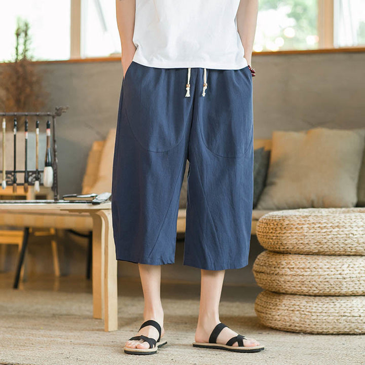 Buddha Stones Pantalones anchos de longitud media de color sólido Pantalones anchos de algodón para hombres con bolsillos - image 22