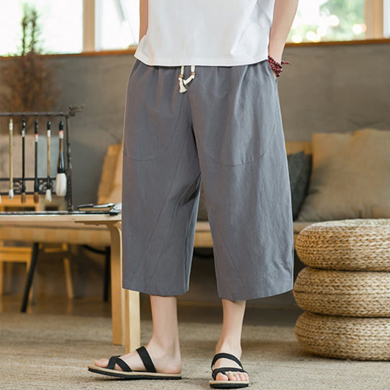 Buddha Stones Pantalones anchos de longitud media de color sólido Pantalones anchos de algodón para hombres con bolsillos - image 46