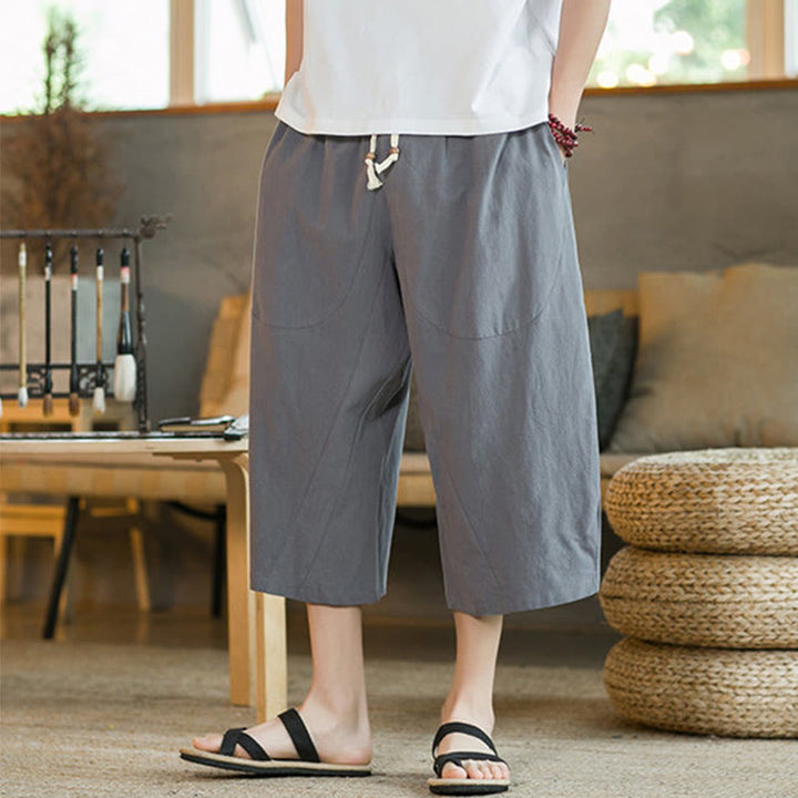 Buddha Stones Pantalones anchos de longitud media de color sólido Pantalones anchos de algodón para hombres con bolsillos - image 46