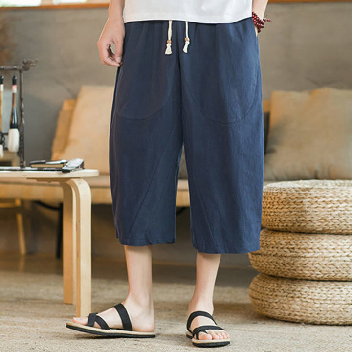 Buddha Stones Pantalones anchos de longitud media de color sólido Pantalones anchos de algodón para hombres con bolsillos - image 28