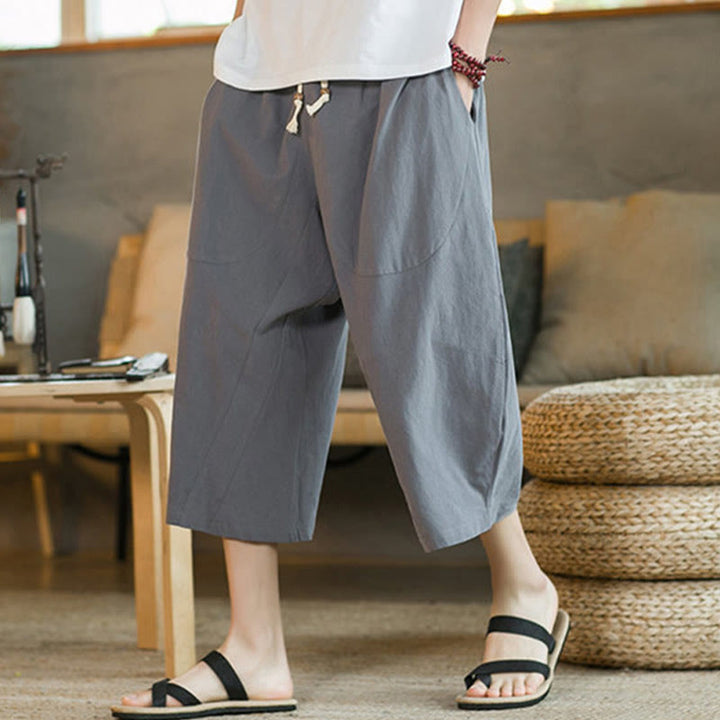 Buddha Stones Pantalones anchos de longitud media de color sólido Pantalones anchos de algodón para hombres con bolsillos - image 47