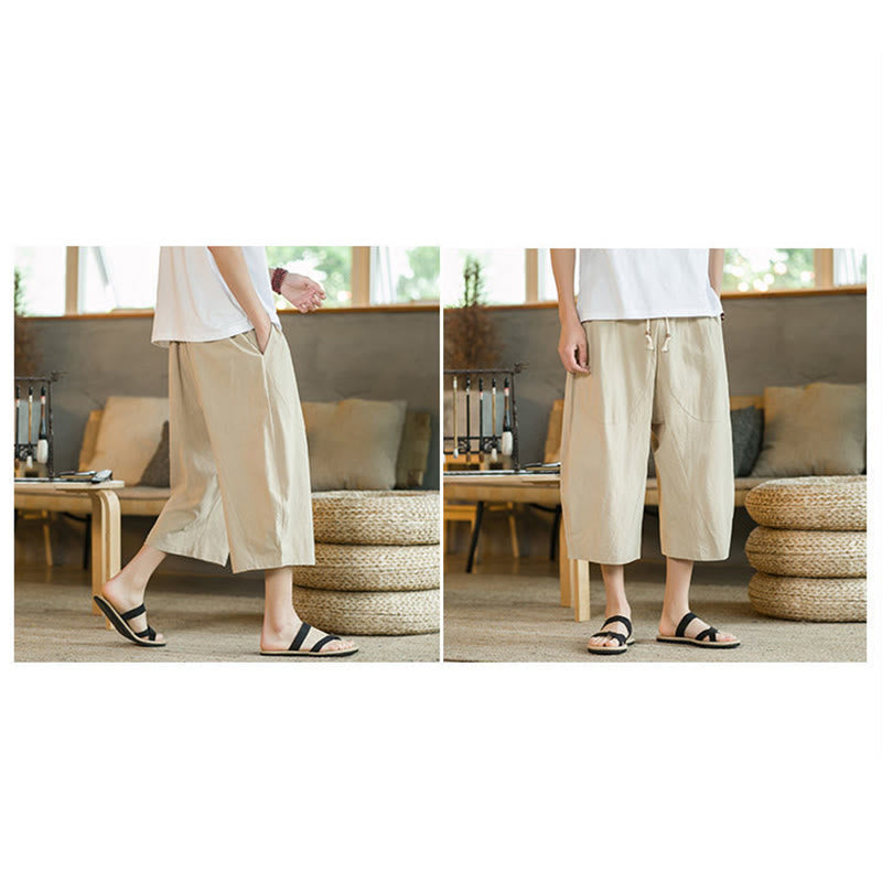 Buddha Stones Pantalones anchos de longitud media de color sólido Pantalones anchos de algodón para hombres con bolsillos - image 20