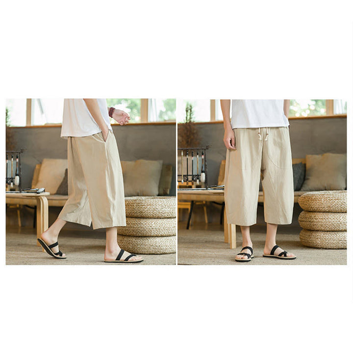 Buddha Stones Pantalones anchos de longitud media de color sólido Pantalones anchos de algodón para hombres con bolsillos - image 20
