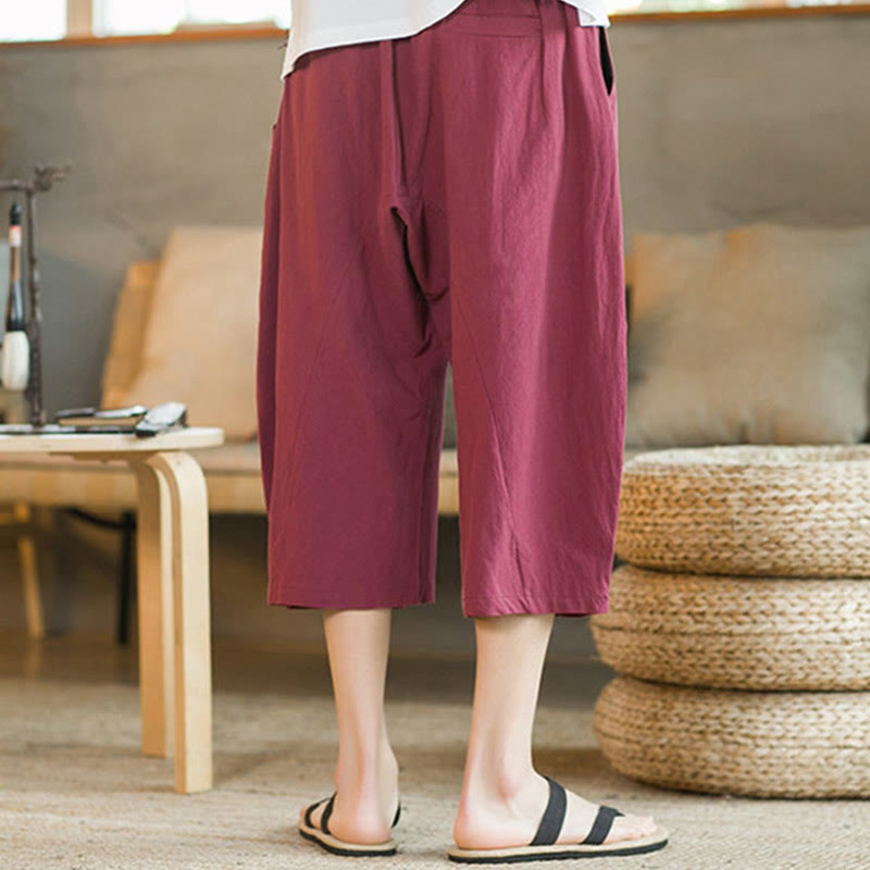 Buddha Stones Pantalones anchos de longitud media de color sólido Pantalones anchos de algodón para hombres con bolsillos - image 34