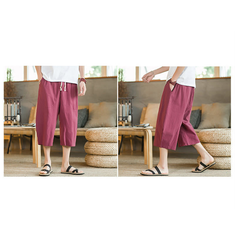 Buddha Stones Pantalones anchos de longitud media de color sólido Pantalones anchos de algodón para hombres con bolsillos - image 39