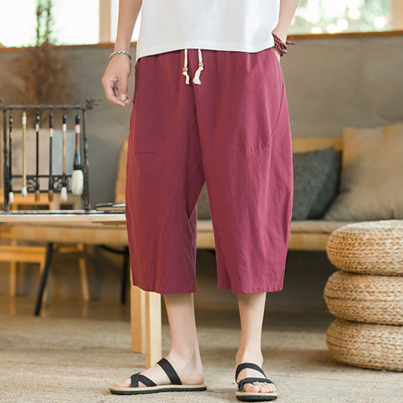 Buddha Stones Pantalones anchos de longitud media de color sólido Pantalones anchos de algodón para hombres con bolsillos - image 36