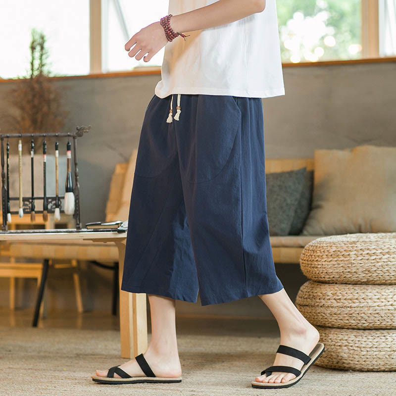 Pantalones anchos de hombre de lino de largo medio de color liso con Buddha Stones con bolsillos - Azul marino - US/UK/AU46, EU56 (5XL) - image 9