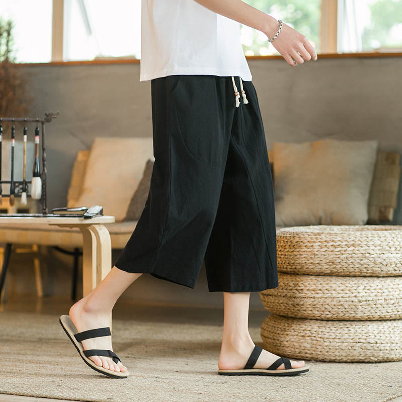 Pantalones anchos de hombre de lino de largo medio de color liso con Buddha Stones con bolsillos - Negro - US/UK/AU46, EU56 (5XL) - image 1