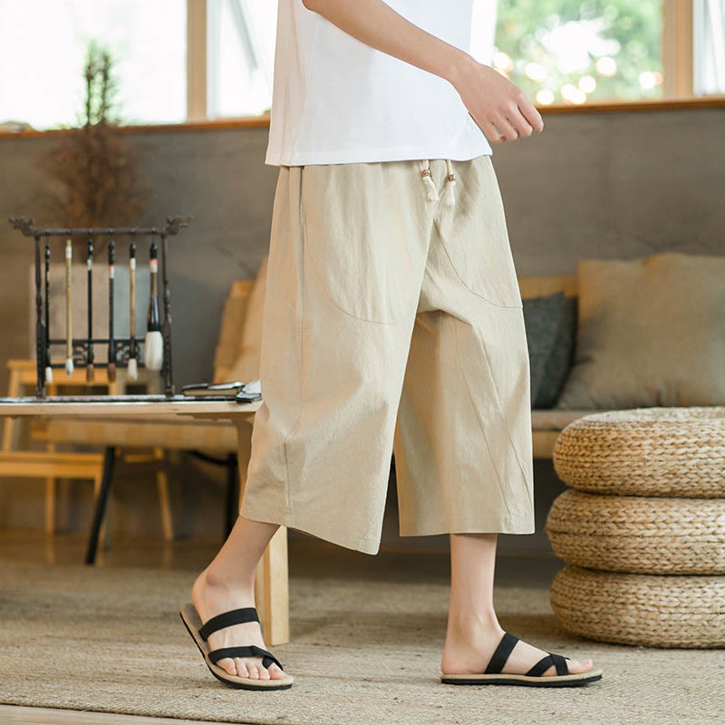Pantalones anchos de hombre de lino de largo medio de color liso con Buddha Stones con bolsillos - Caqui - US/UK/AU46, EU56 (5XL) - image 3