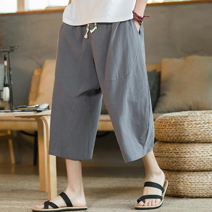 Pantalones anchos de hombre de lino de largo medio de color liso con Buddha Stones con bolsillos - Gris - US/UK/AU46, EU56 (5XL) - image 26