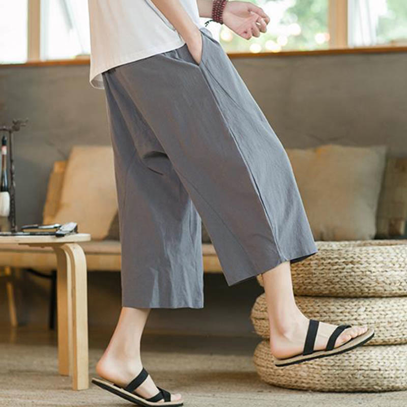 Pantalones anchos de hombre de lino de largo medio de color liso con Buddha Stones con bolsillos - image 27