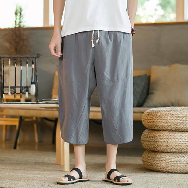 Pantalones anchos de hombre de lino de largo medio de color liso con Buddha Stones con bolsillos - image 27