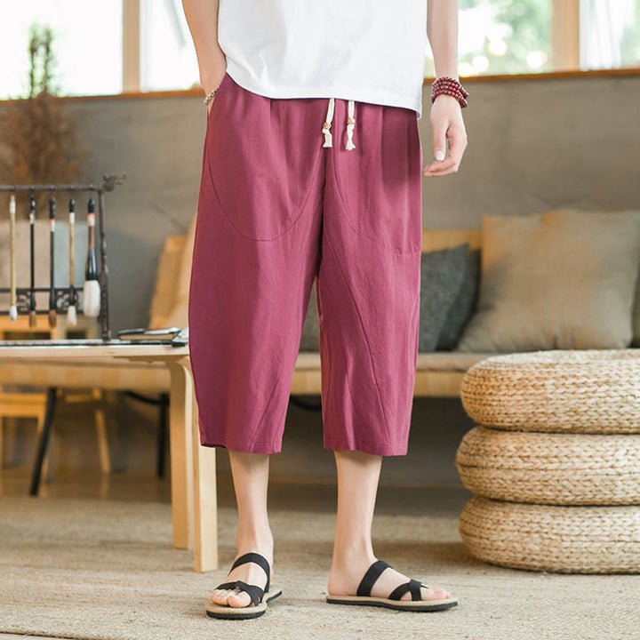 Pantalones anchos de hombre de lino de largo medio de color liso con Buddha Stones con bolsillos - image 19