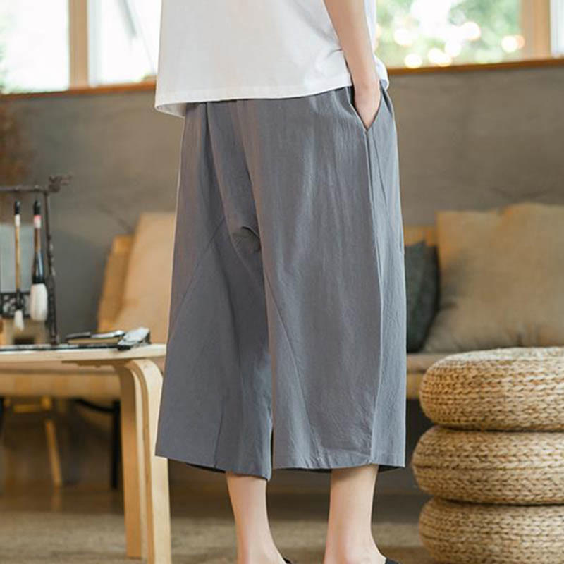 Pantalones anchos de hombre de lino de largo medio de color liso con Buddha Stones con bolsillos - image 29