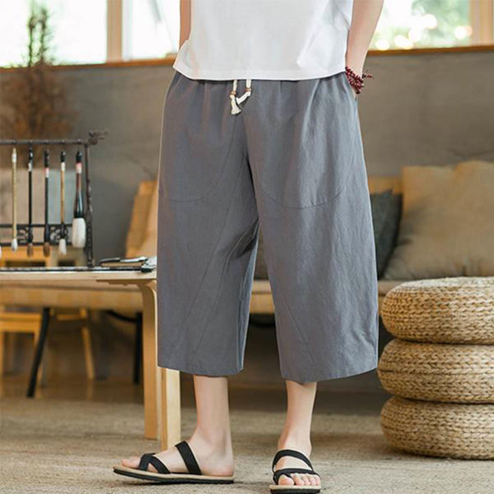Pantalones anchos de hombre de lino de largo medio de color liso con Buddha Stones con bolsillos - image 29