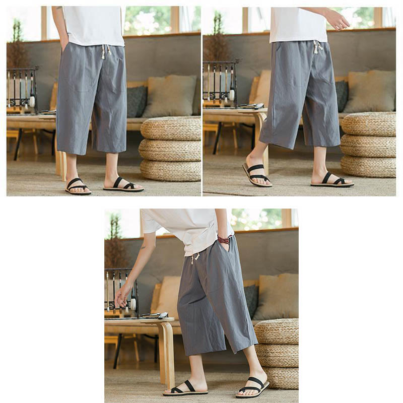 Pantalones anchos de hombre de lino de largo medio de color liso con Buddha Stones con bolsillos - image 33