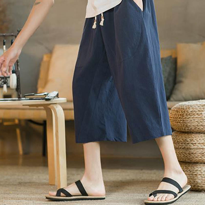 Pantalones anchos de hombre de lino de largo medio de color liso con Buddha Stones con bolsillos - image 11