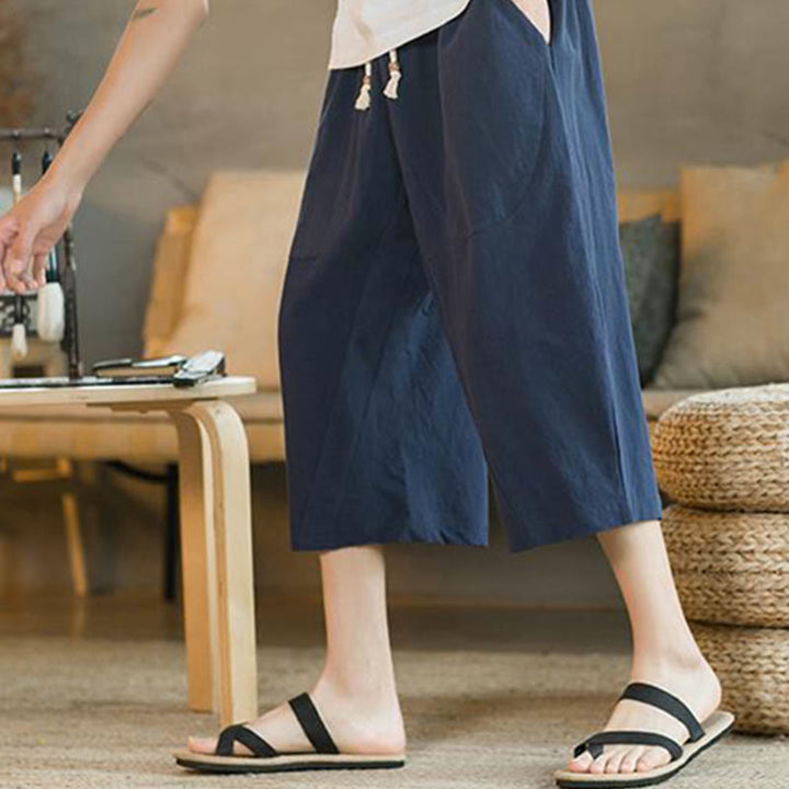 Pantalones anchos de hombre de lino de largo medio de color liso con Buddha Stones con bolsillos - image 11