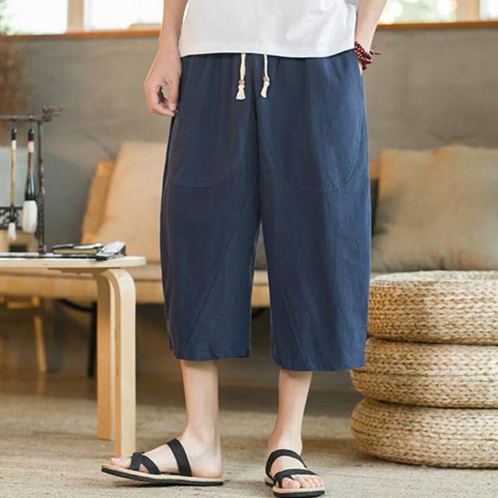 Pantalones anchos de hombre de lino de largo medio de color liso con Buddha Stones con bolsillos - image 14