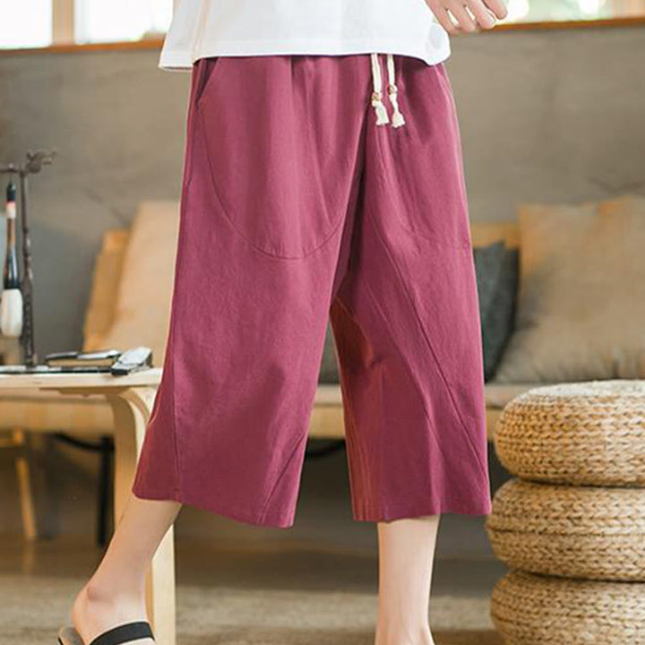 Pantalones anchos de hombre de lino de largo medio de color liso con Buddha Stones con bolsillos - Rojo - US/UK/AU46, EU56 (5XL) - image 17