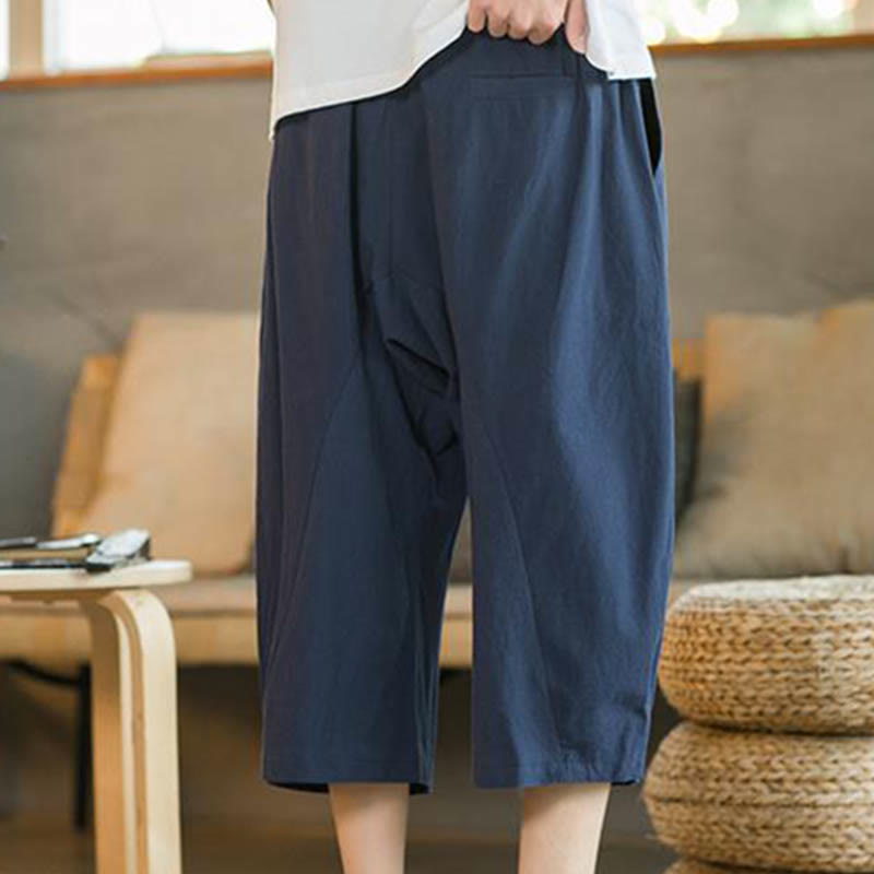 Pantalones anchos de hombre de lino de largo medio de color liso con Buddha Stones con bolsillos - image 13