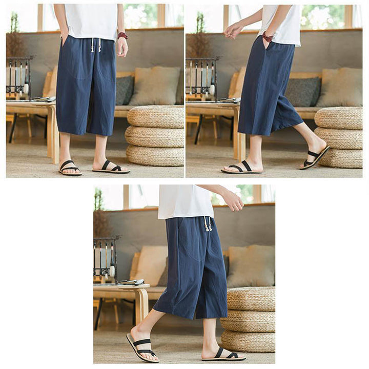 Pantalones anchos de hombre de lino de largo medio de color liso con Buddha Stones con bolsillos - image 16