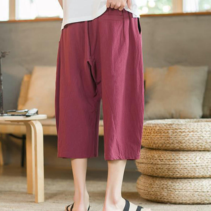Pantalones anchos de hombre de lino de largo medio de color liso con Buddha Stones con bolsillos - image 20