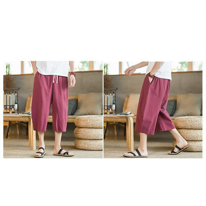 Pantalones anchos de hombre de lino de largo medio de color liso con Buddha Stones con bolsillos - image 25