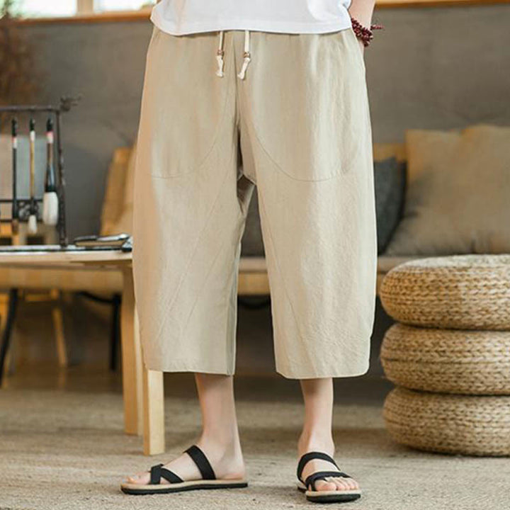 Pantalones anchos de hombre de lino de largo medio de color liso con Buddha Stones con bolsillos - image 4