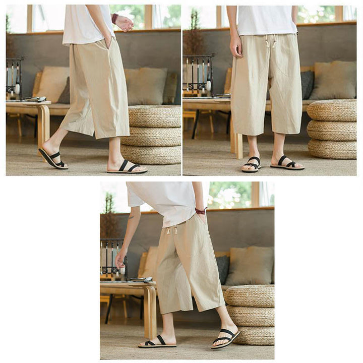 Pantalones anchos de hombre de lino de largo medio de color liso con Buddha Stones con bolsillos - image 9