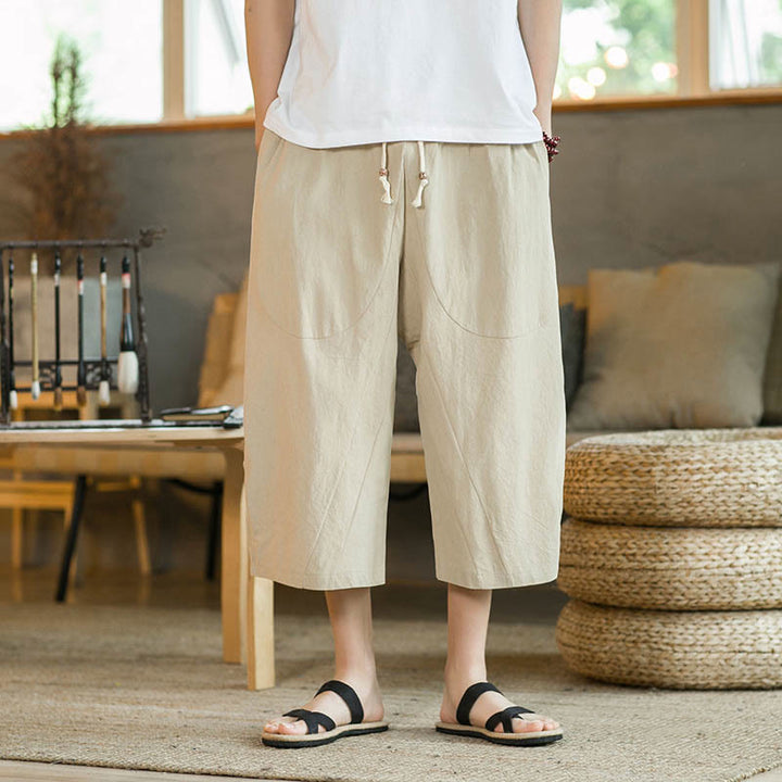 Pantalones anchos de hombre de lino de largo medio de color liso con Buddha Stones con bolsillos - image 5