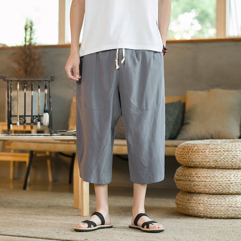Pantalones anchos de hombre de lino de largo medio de color liso con Buddha Stones con bolsillos - image 31
