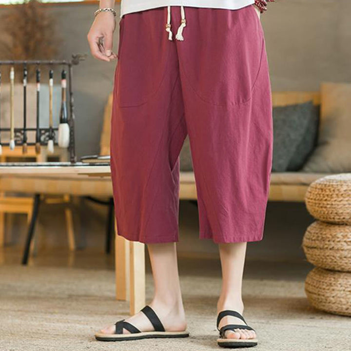 Pantalones anchos de hombre de lino de largo medio de color liso con Buddha Stones con bolsillos - image 17