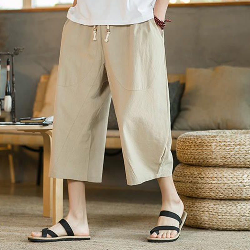 Pantalones anchos de hombre de lino de largo medio de color liso con Buddha Stones con bolsillos - image 8
