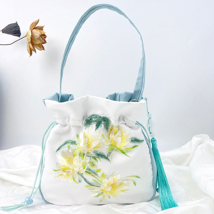 Bolso bandolera con bordado de Suzhou de Buddha Stones, con forma de conejo, loto, epifilo, peonía y magnolia