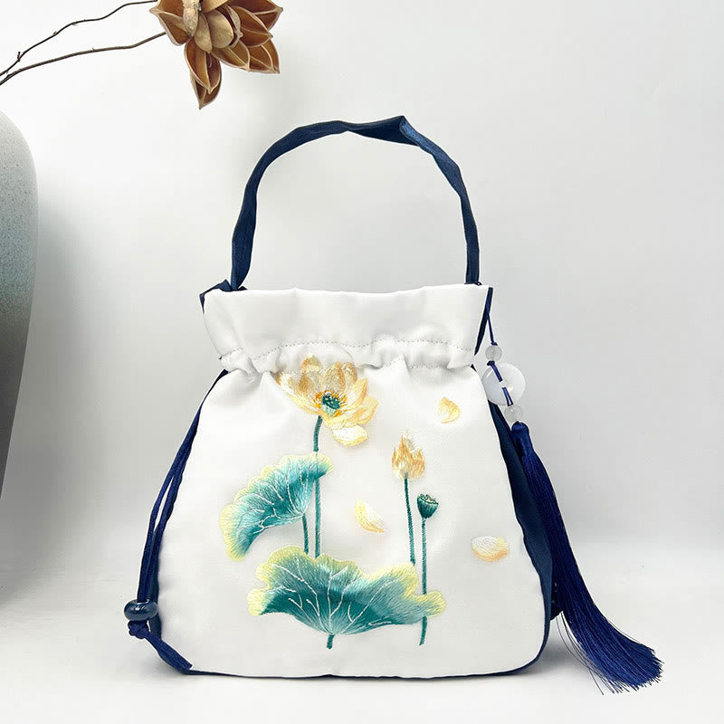 Bolso bandolera con bordado de Suzhou de Buddha Stones, con forma de conejo, loto, epifilo, peonía y magnolia
