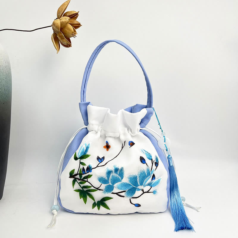 Bolso bandolera con bordado de Suzhou de Buddha Stones, con forma de conejo, loto, epifilo, peonía y magnolia