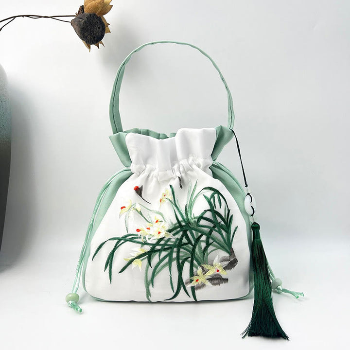 Bolso bandolera con bordado de Suzhou de Buddha Stones, con forma de conejo, loto, epifilo, peonía y magnolia