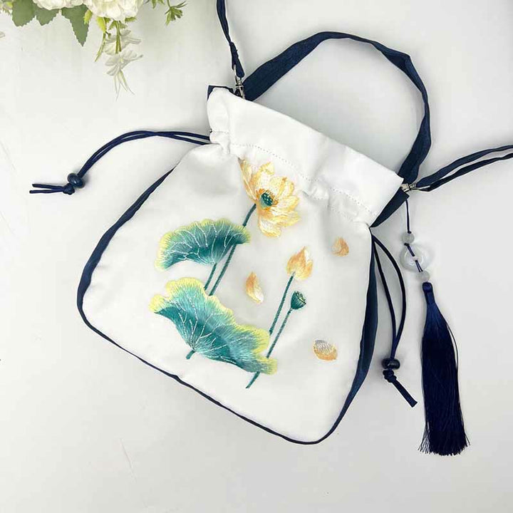 Bolso bandolera con bordado de Suzhou de Buddha Stones, con forma de conejo, loto, epifilo, peonía y magnolia