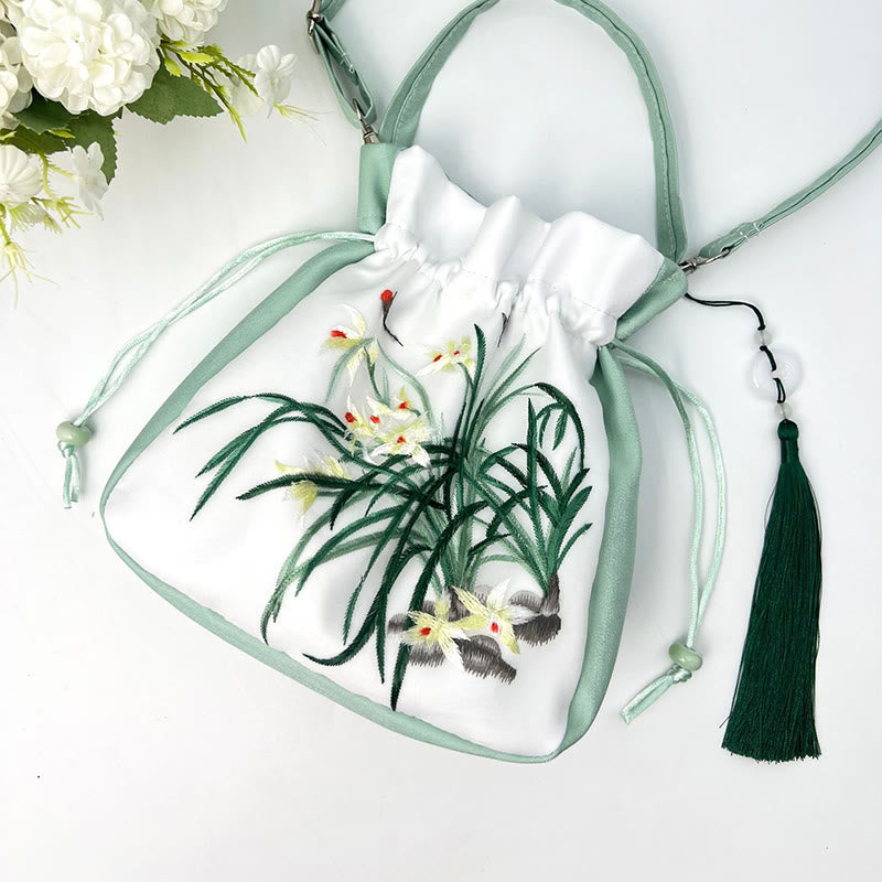 Bolso bandolera con bordado de Suzhou de Buddha Stones, con forma de conejo, loto, epifilo, peonía y magnolia